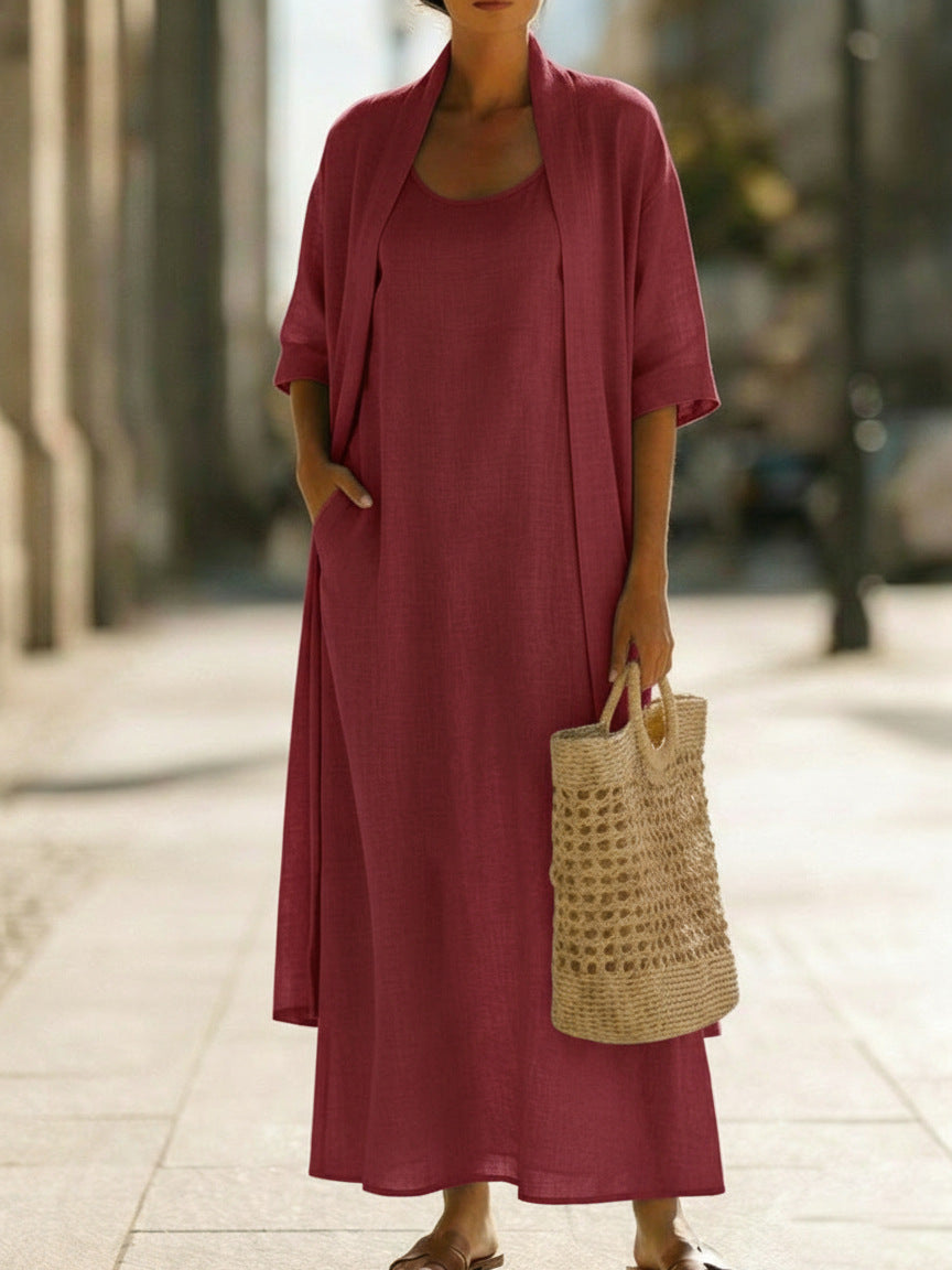 Womens Simple, Loose, Comfortable, Fashionable Cotton-Linen Two-Piece Dress Set