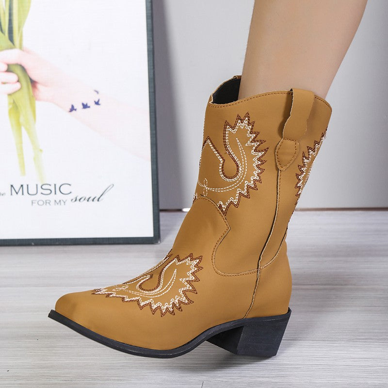 Women's Embroidered Western Boots - Chunky Mid Heel Cowboy Boots