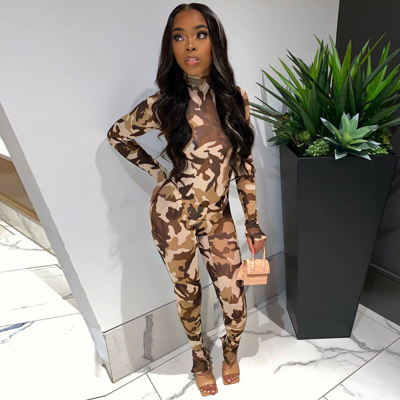 Camouflage Print Long Slim Sports Jumpsuit