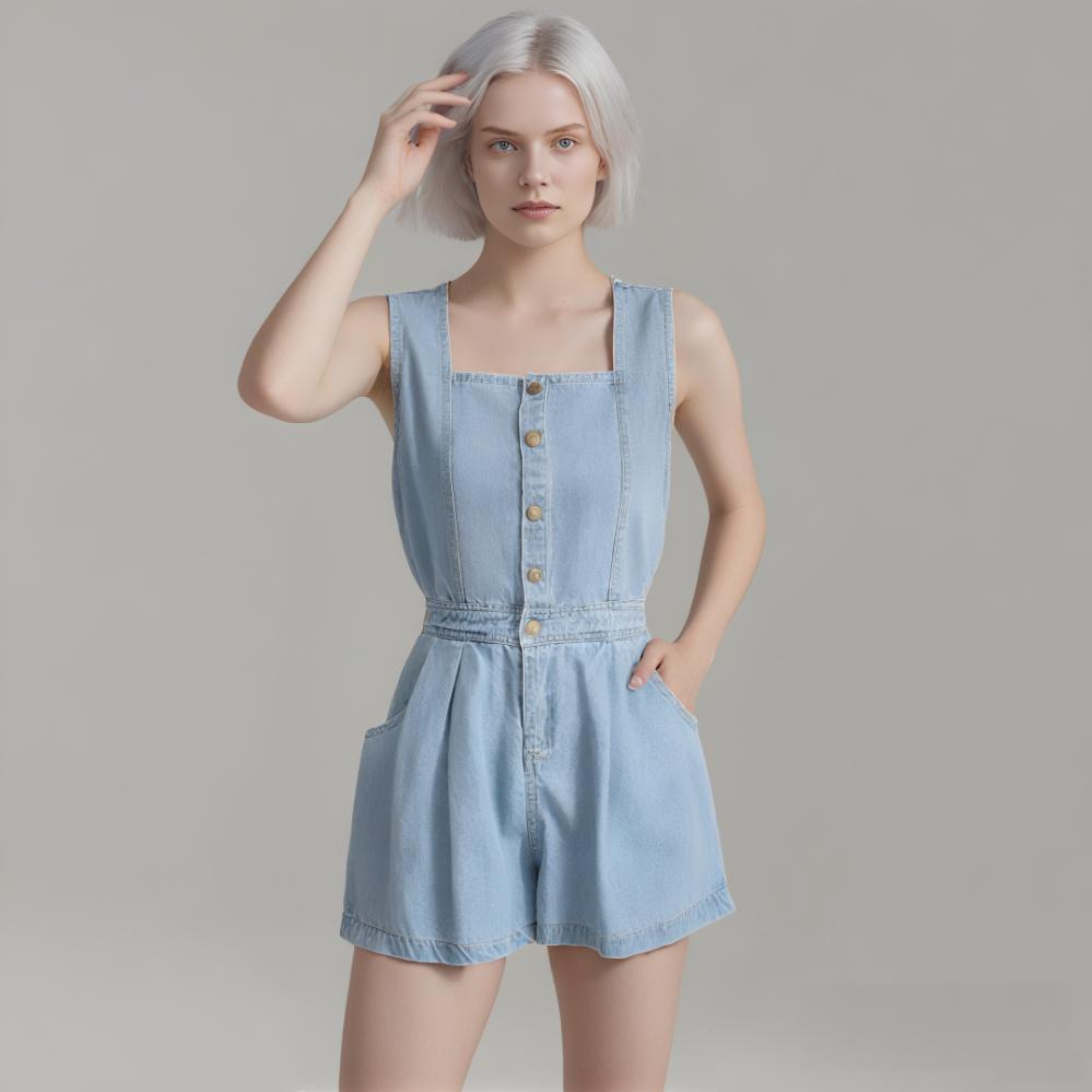 Denim Wide-Leg Shorts Jumpsuit