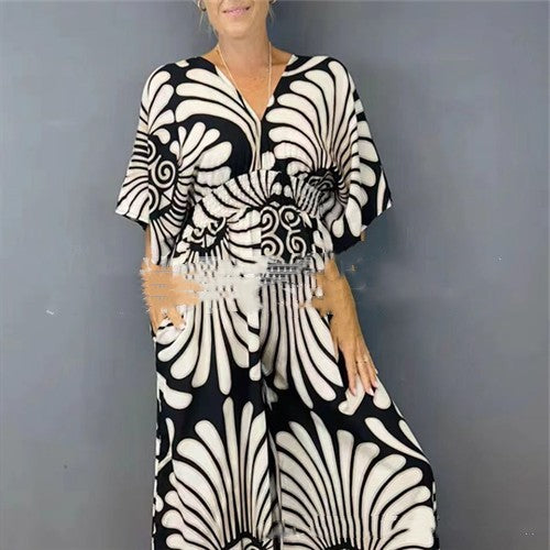 V-Neck Printed High-Waist Jumpsuit