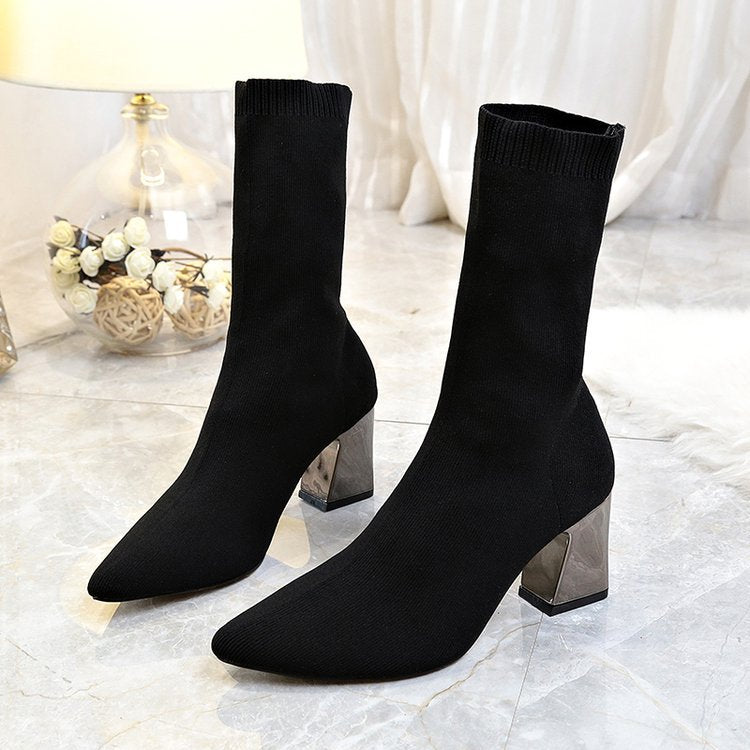 Pointed-Toe High-Heel Sock Boots