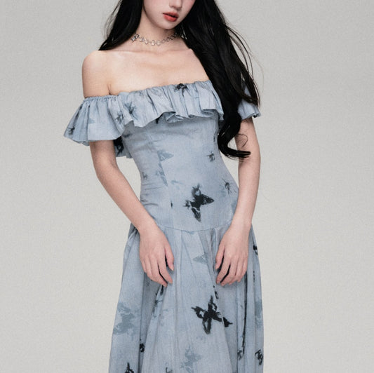French Retro Gentle Off-shoulder Butterfly Print Dress