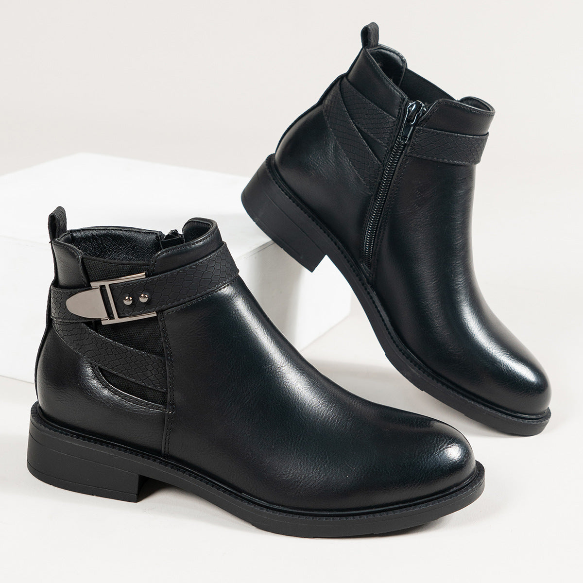 Chelsea Black Ankle Boots For Women - Side Zipper Buckle Shoes