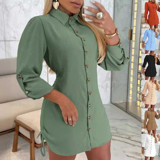 Lapel Button Dress With Drawstring