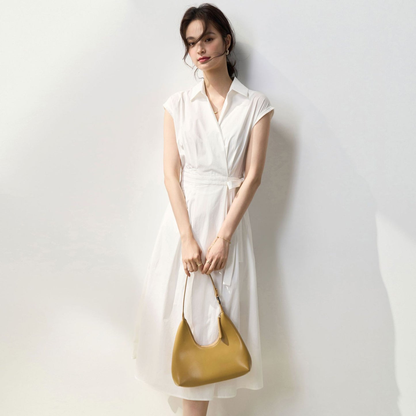 Symmetrical Pleated Vertical Cut Cinched Tie Slim-fit Cotton Shirt Dress