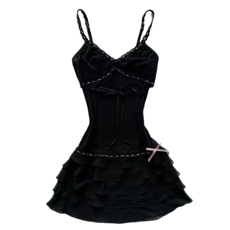 Hot Girl  Bow V-Neck Tight Waist A-Line Dress