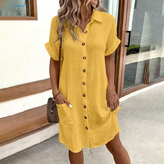 Short-Sleeve Tunic Shirt Dress With Pockets - US Only