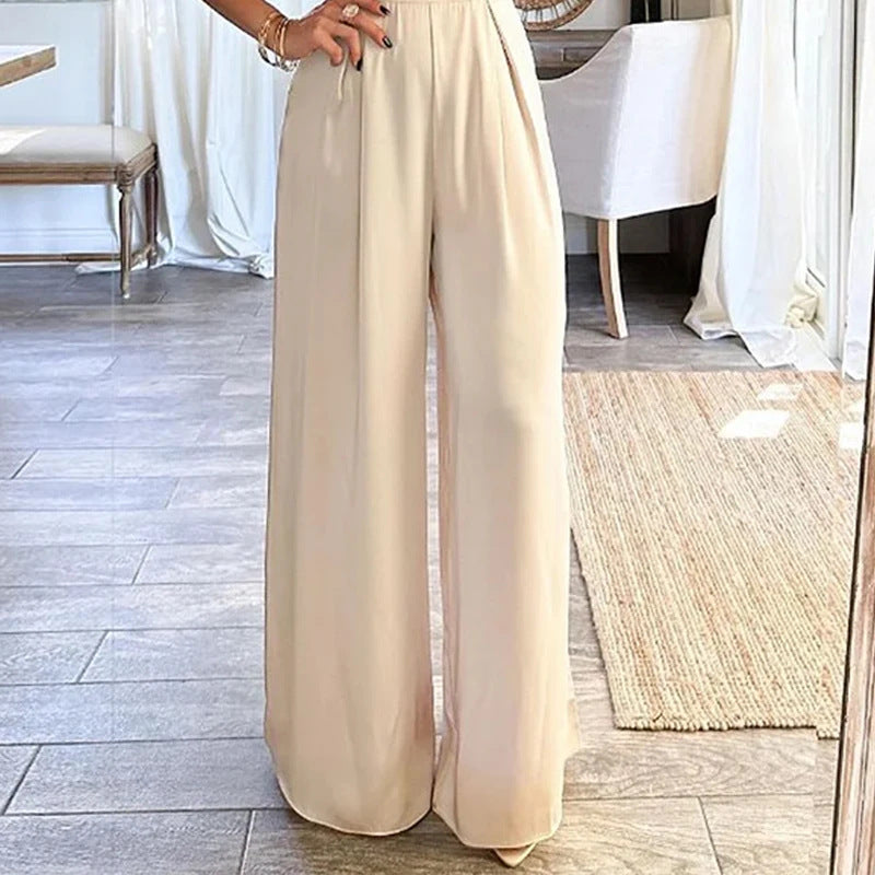 Low-Collar Solid-Colour Elegant-Waist Wide-Leg Jumpsuit