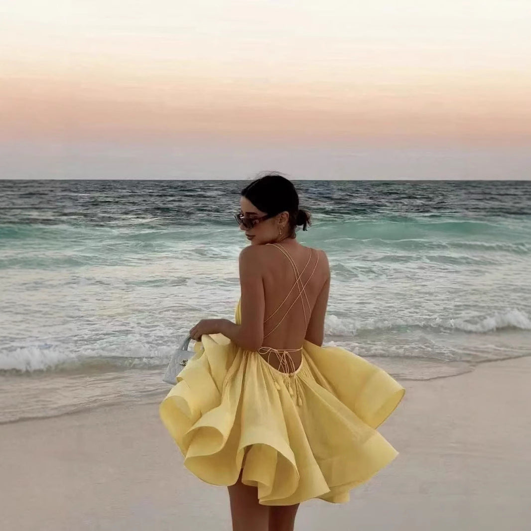 Sexy Sling Deep-V Backless Pleated Dress