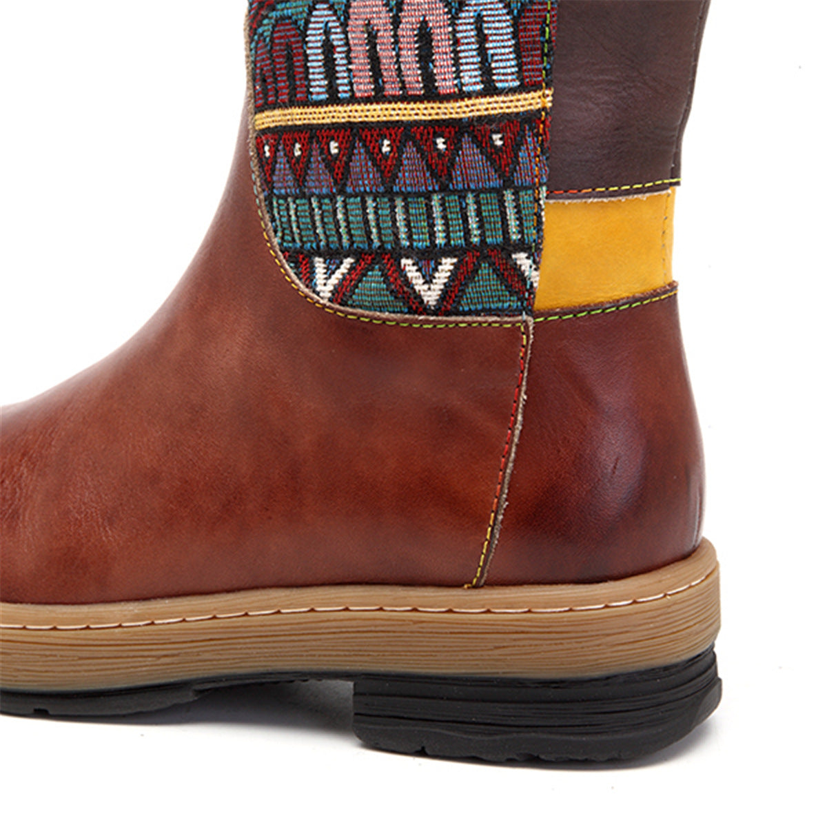 Vintage Mid-Calf Bohemian Retro Genuine Leather Printed Boots