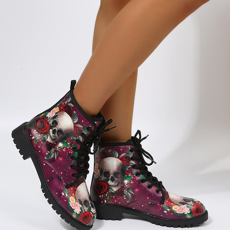 Rose Flower Print Lace-Up Ankle Boots