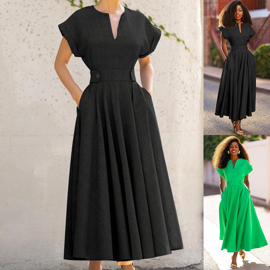 Elegance Retro-Style V-Neck Sleeve Waist-Tight Dress