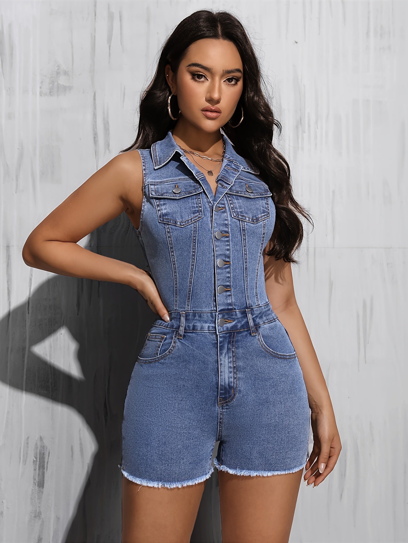 Frayed-Hem Washed Denim Romper