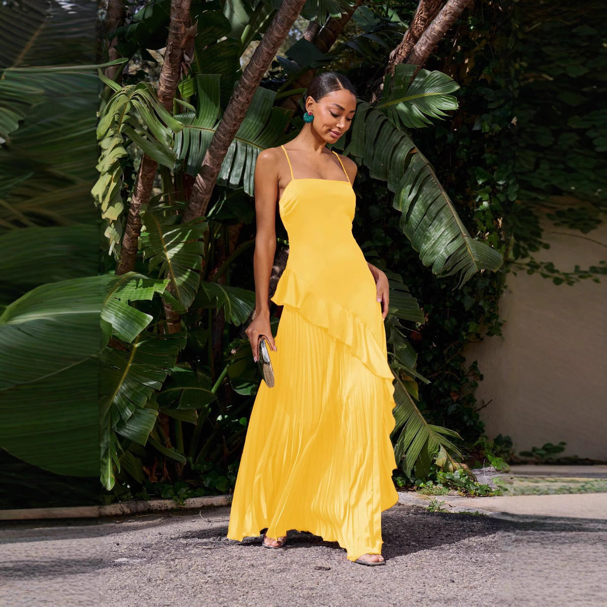 Backless Irregular Ruffle-Hem Maxi Dress
