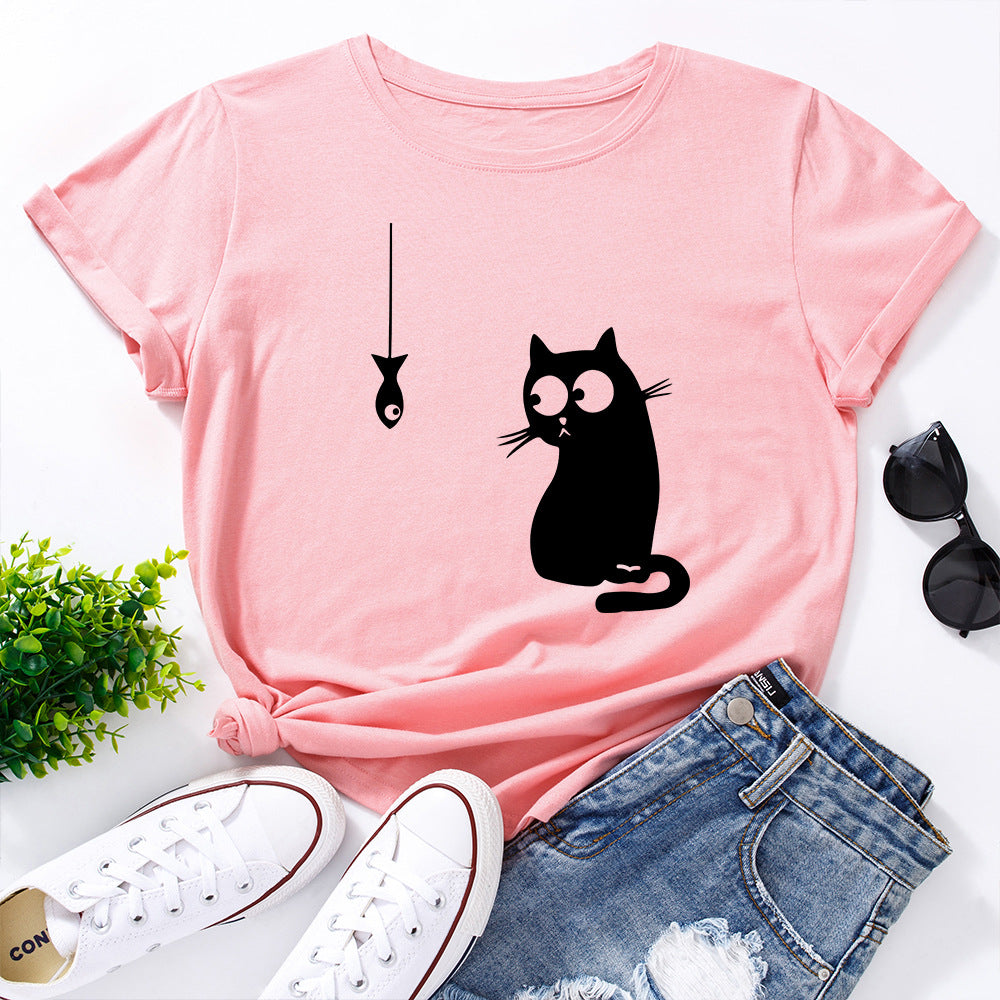 Women's Cute Cat Loose Round-Neck Cotton Short Sleeve T-Shirt