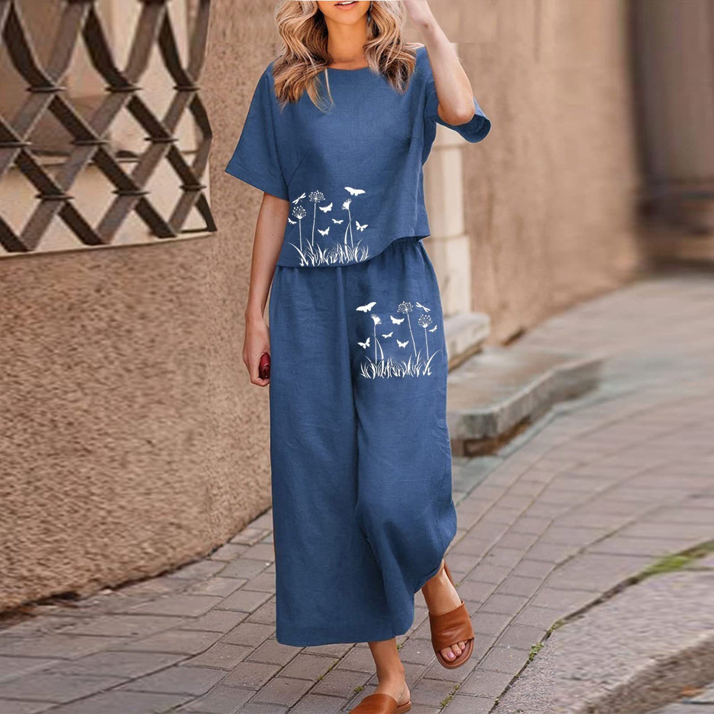 New Solid-color Short-sleeve Set With Heat-transfer Print, Two-piece Set