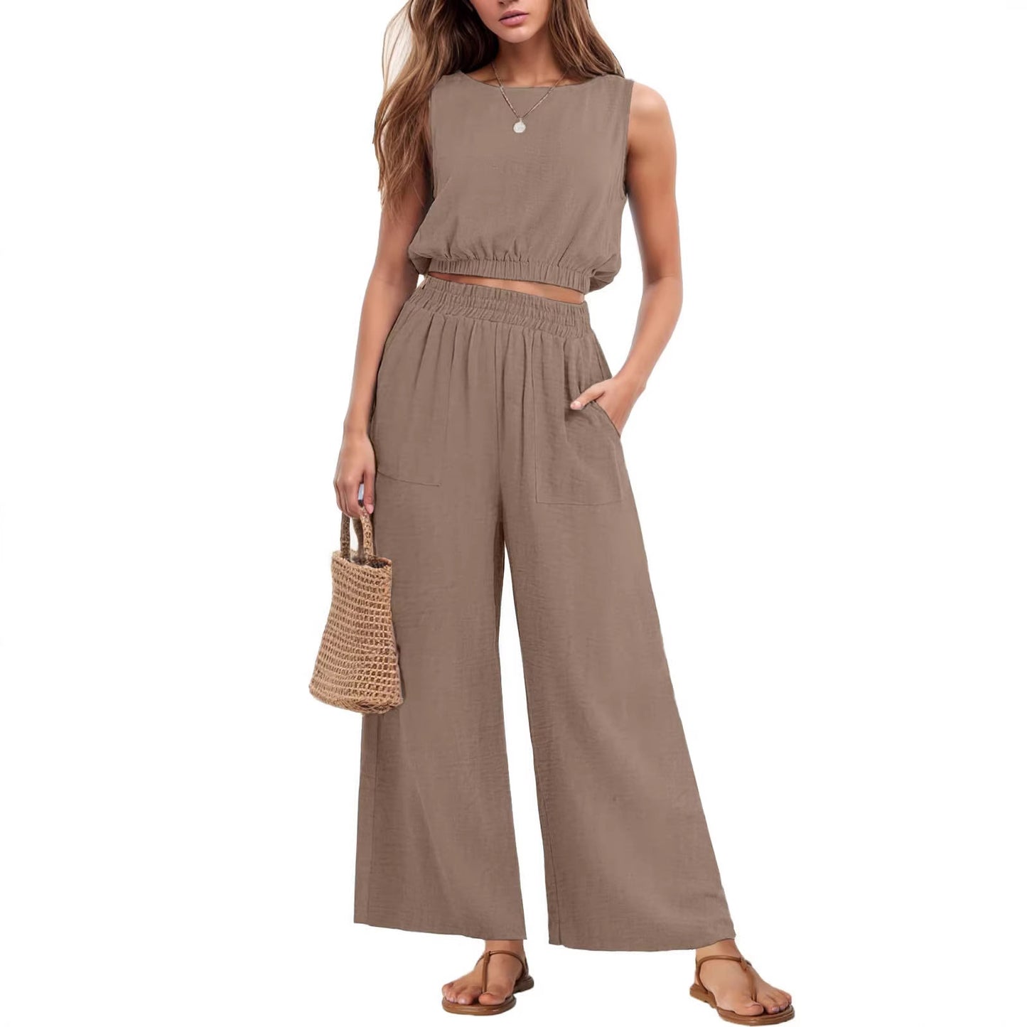 Womens Casual Round-Neck Sleeveless High-Waist Wide-Leg Two-Piece Set With Elastic Hem