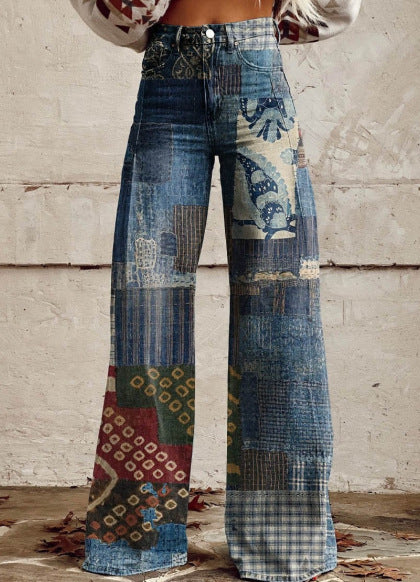 Women's 3D Printed Denim Wide-Leg Pants