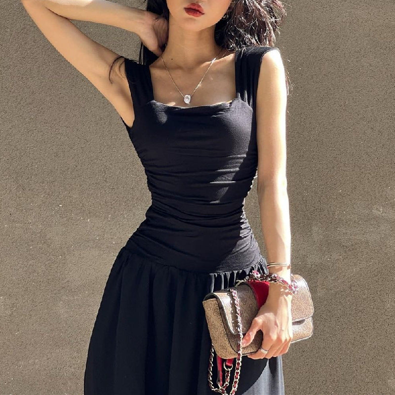 Square-Collar Pleated Large Swing Waist-Slimming Mesh Sling Dress