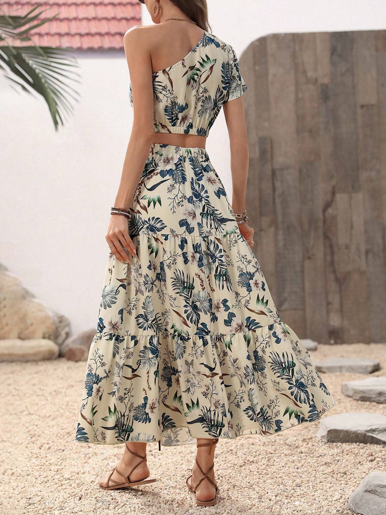 One-Shoulder Crop Top Ruffle-Hem Skirt Outfit