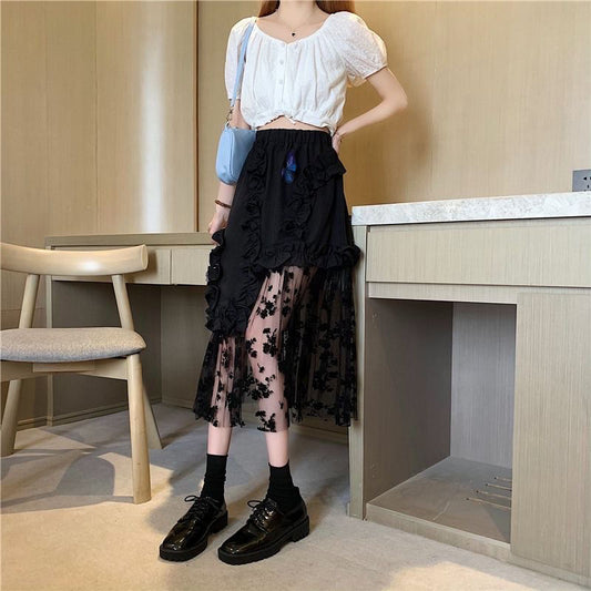 Black Irregular Design Thin Gauze Skirt