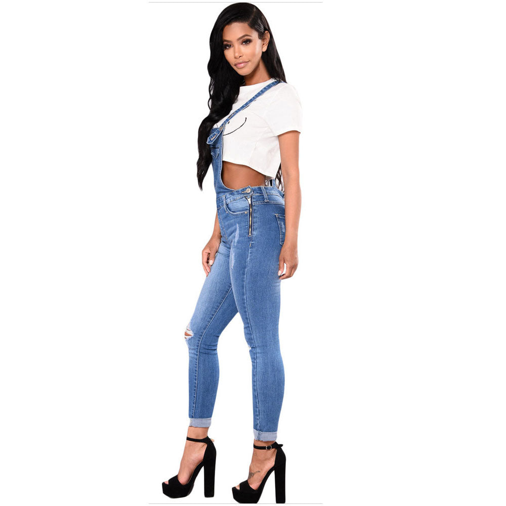 Women's Ripped Denim Suspender Pencil Pants Overalls