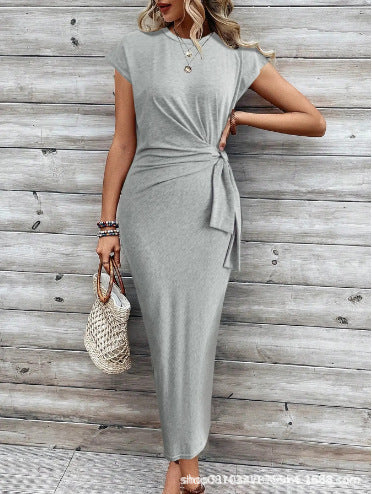 Waist-Strap Striped Round-Neck Short-Sleeve Long Pattern Dress