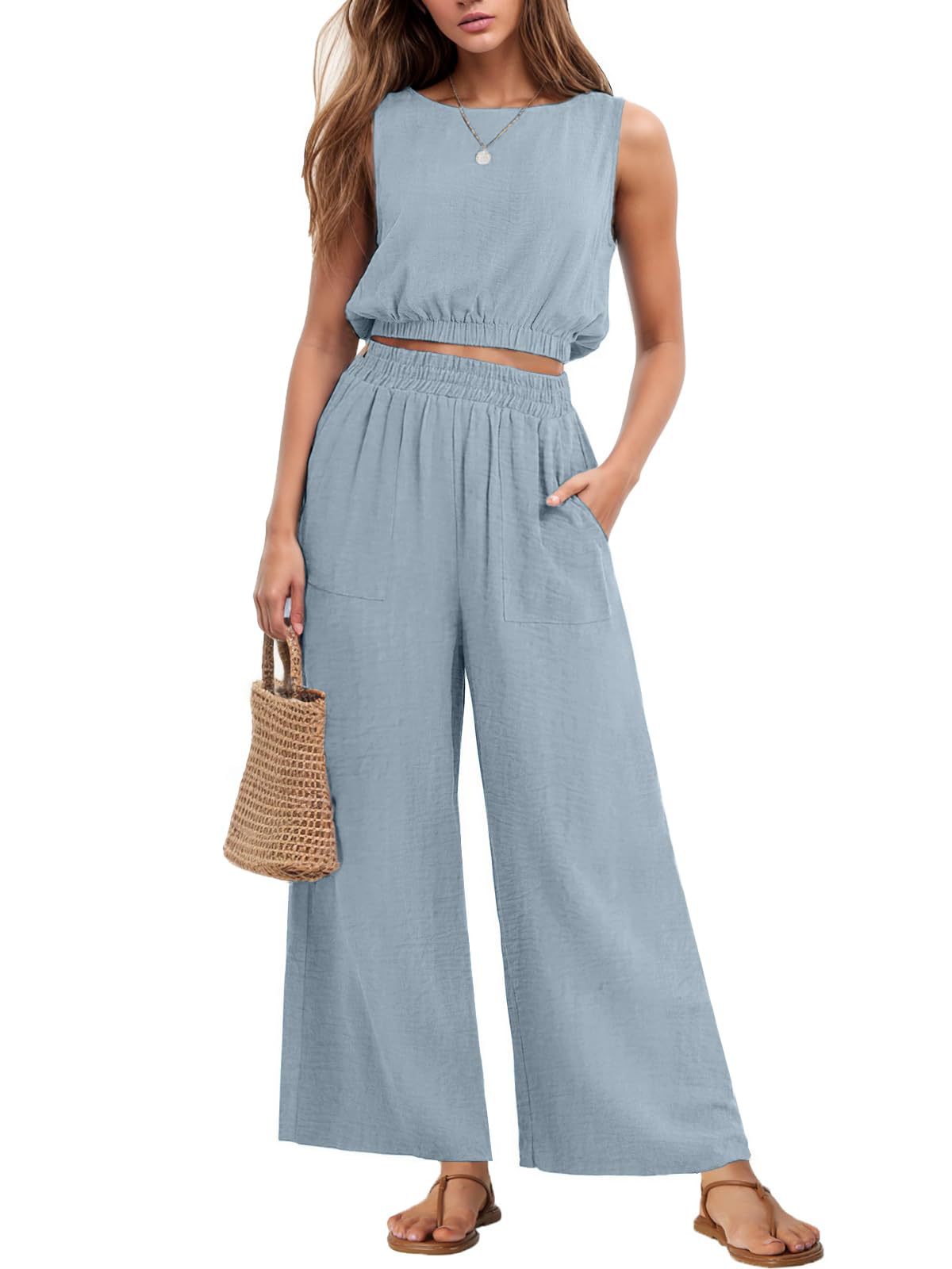 Womens Casual Round-Neck Sleeveless High-Waist Wide-Leg Two-Piece Set With Elastic Hem
