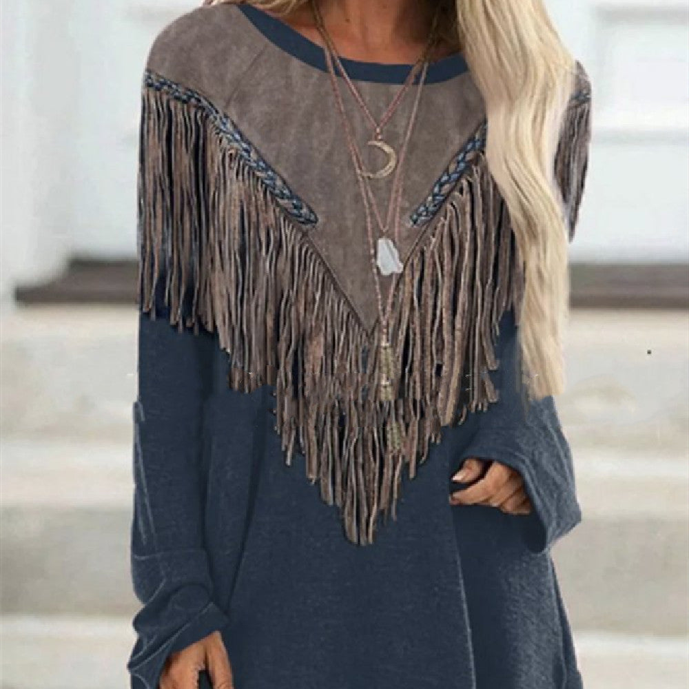 Colour-Matching Tassel Round-Neck Long-Sleeve Top