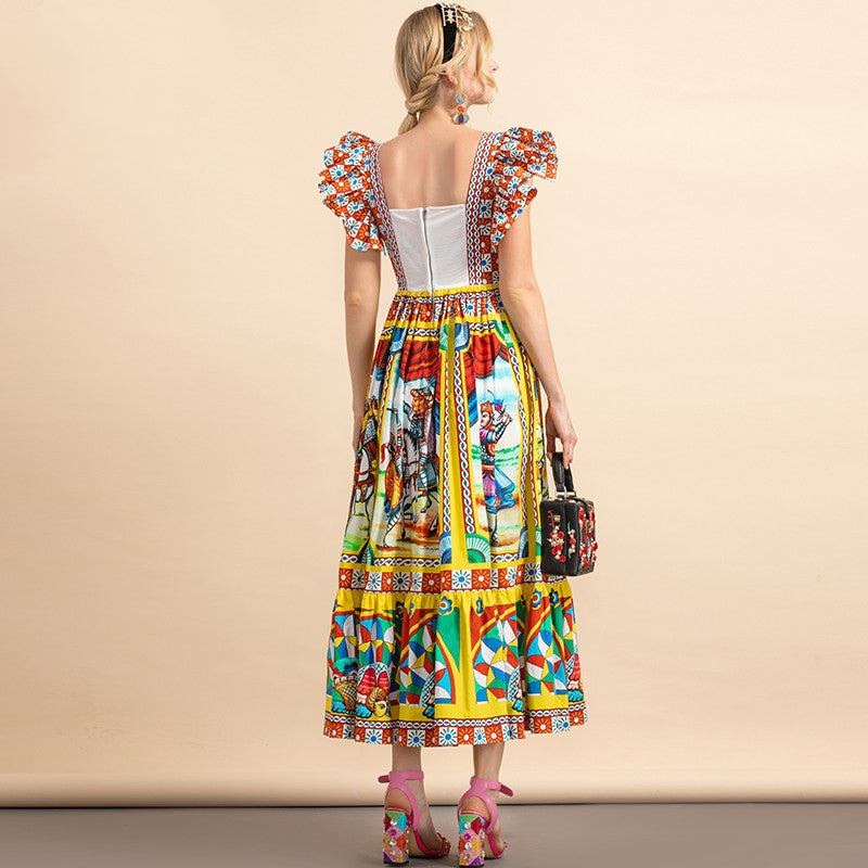 Flying-Sleeve Warrior Print Cotton Dress