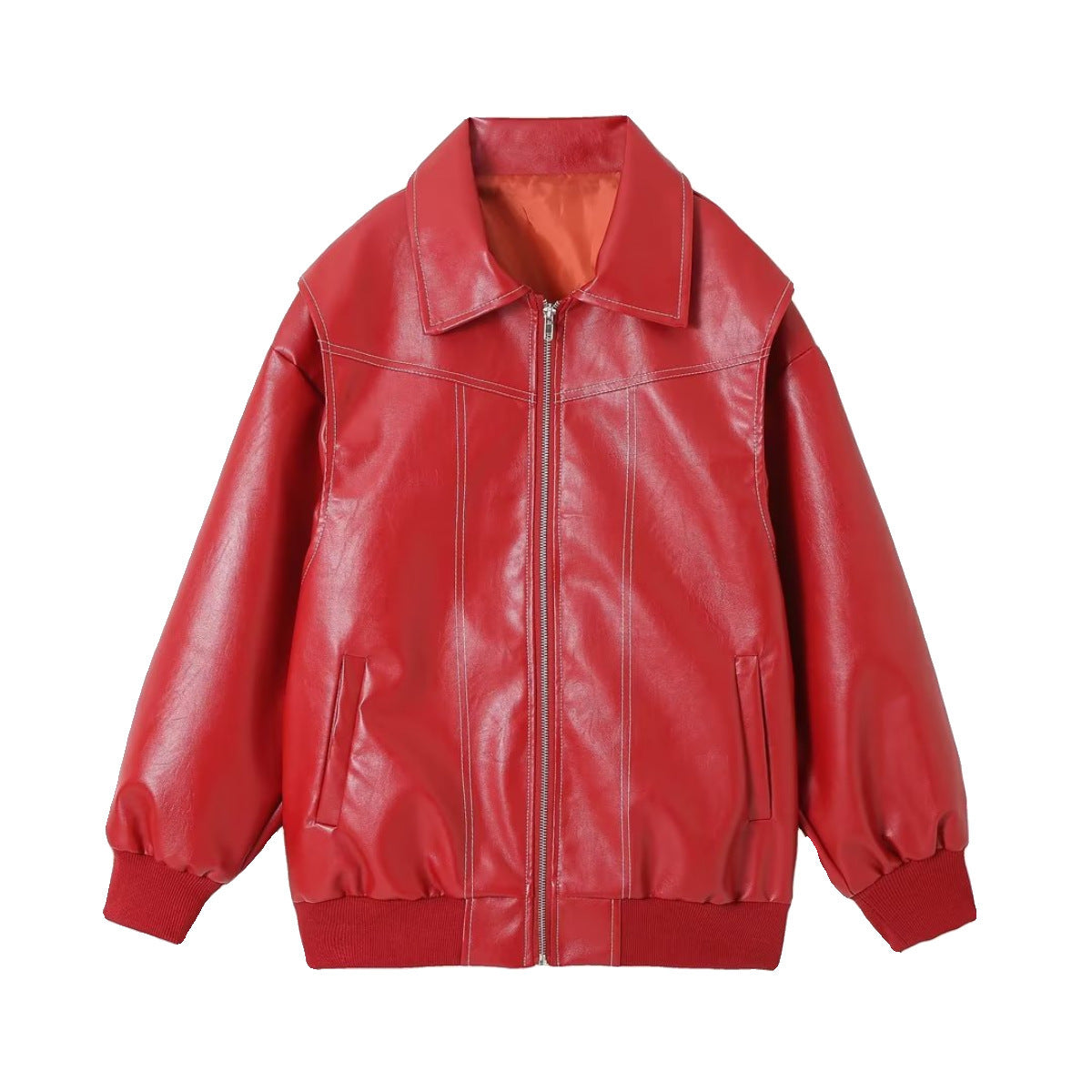 Loose Lapel Zip-Up Leather Jacket