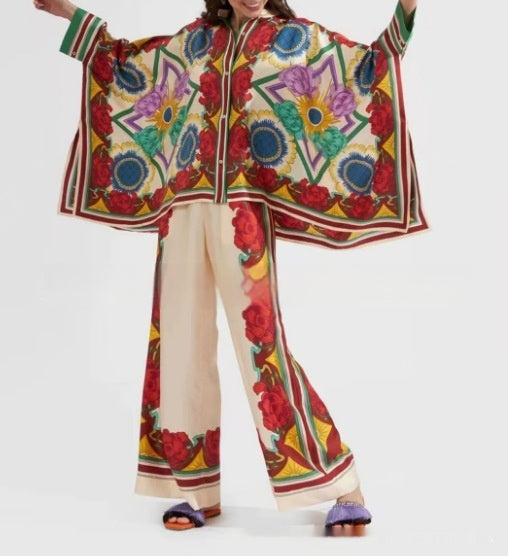 Women's New Fashionable Silky Satin Printed Set