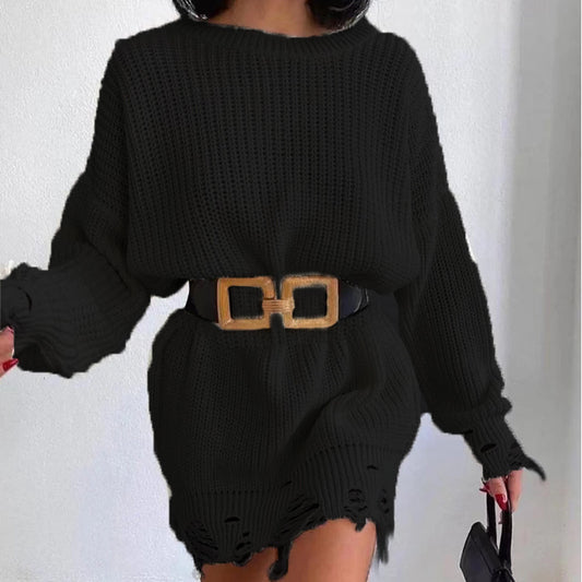 Round-Neck Long-Sleeve Burrs Loose Knitted Pullover Sweater Dress