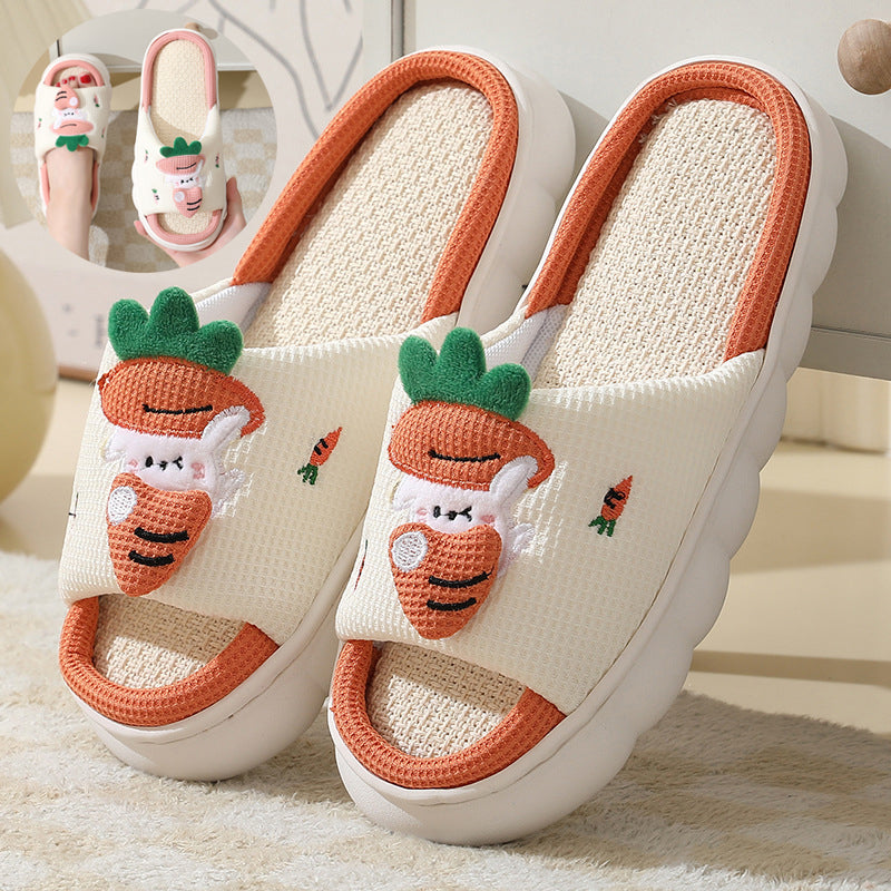 Carrot Rabbit Linen Slippers For Women - Indoor Non-Nlip Thick-Bottom House Shoes