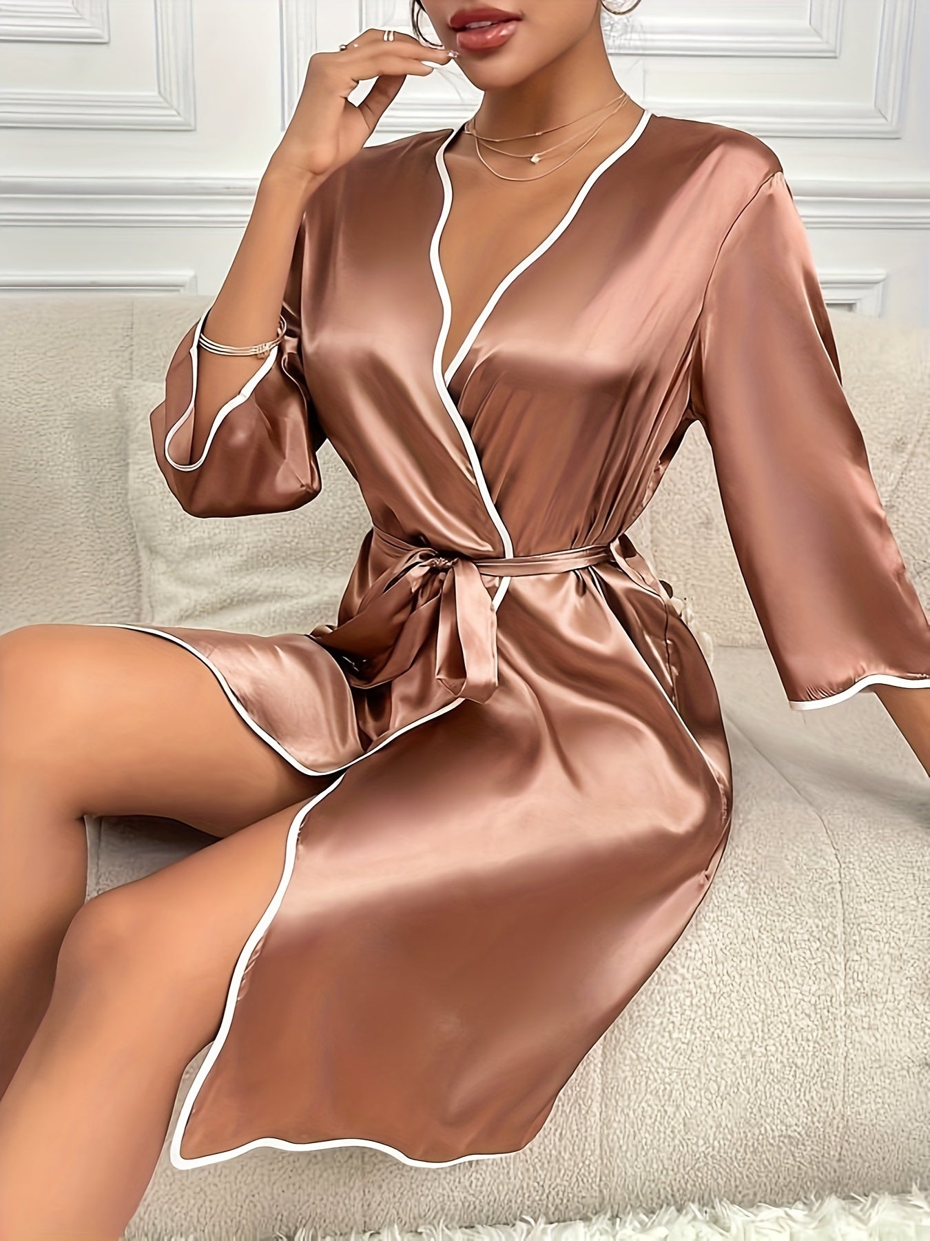 Satin Contrast Binding Night Robe With Belt