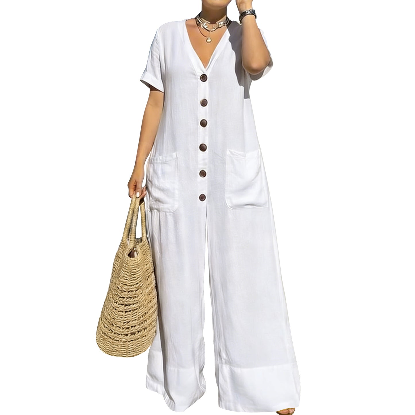 Women's Casual Loose V-Neck Button Jumpsuit