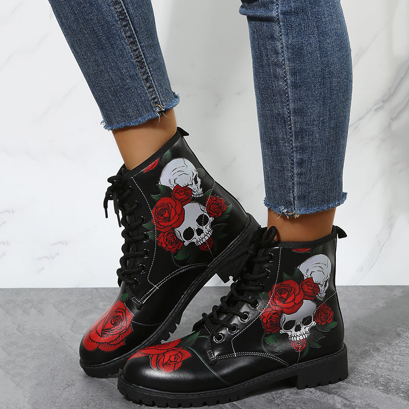 Rose Flower Print Lace-Up Ankle Boots