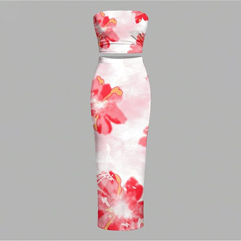 Sexy Form-fitting Two-piece Set Featuring A Floral Bustier Top And A Midriff-baring Bodycon Skirt