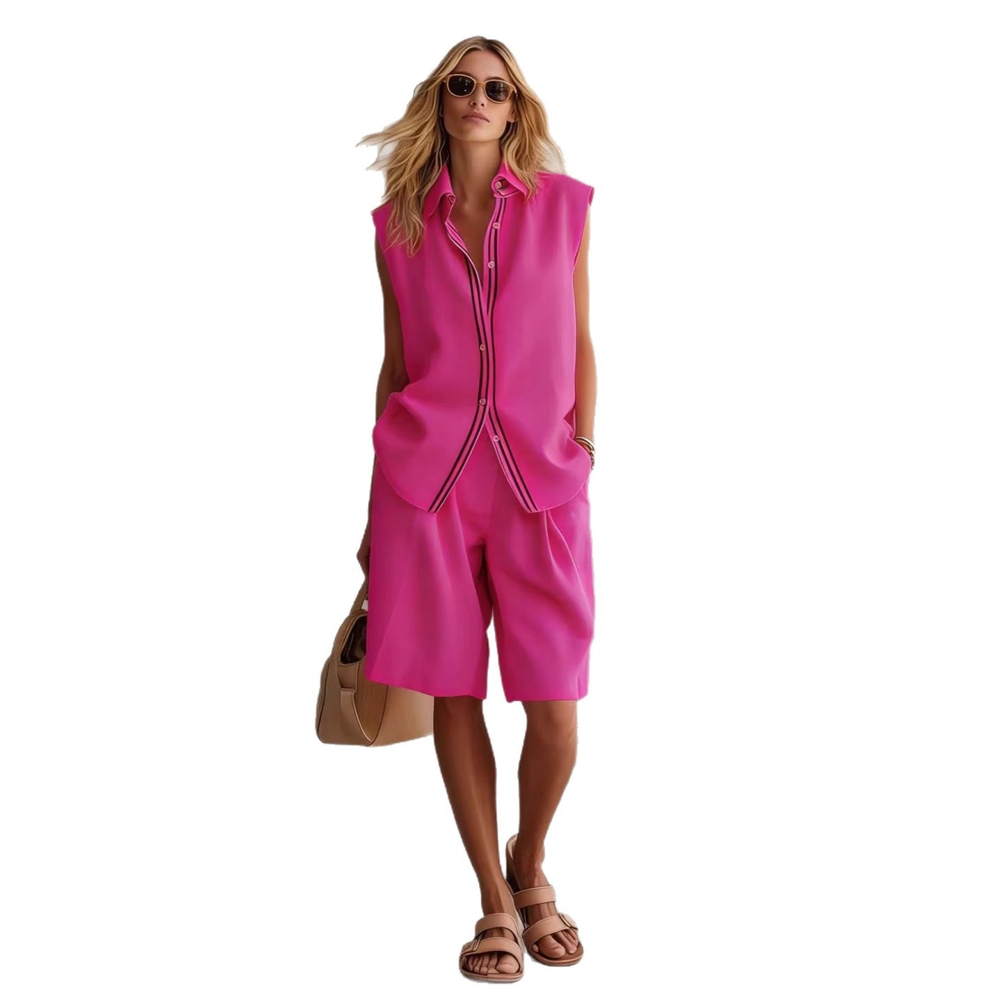 Single-breasted Sleeveless Linen Shirt And Shorts Set