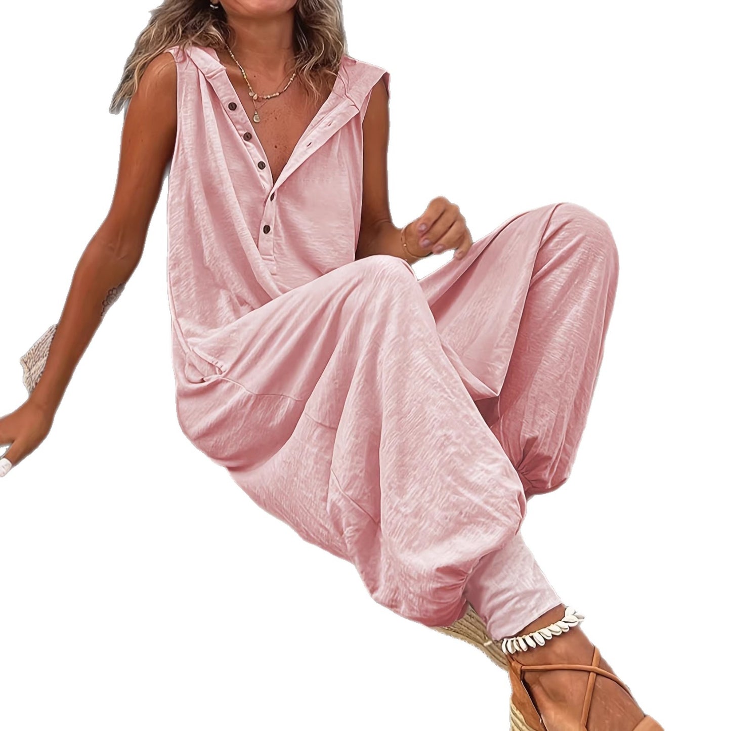 Women's Casual Sleeveless Hooded Long Jumpsuit With Drawstring Ankle Cuffs