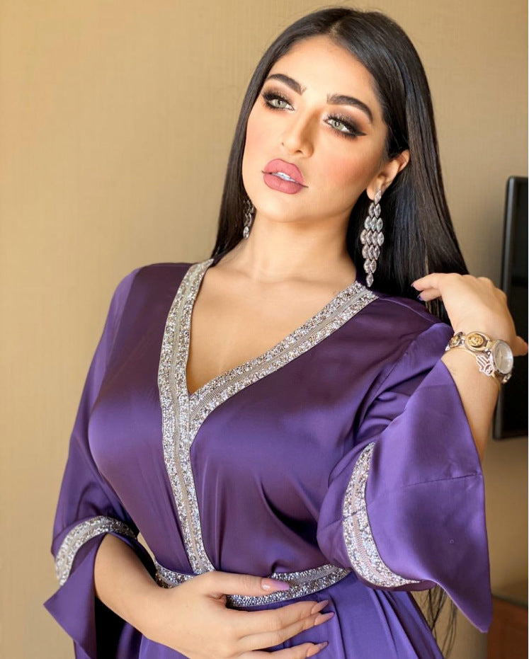Diamond-Studded  Middle Eastern Women's Belt Robe - Long Muslim Clothing