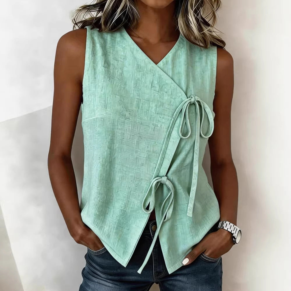 Womens Bow-Tied V-Neck Top Sleeveless Tank Top