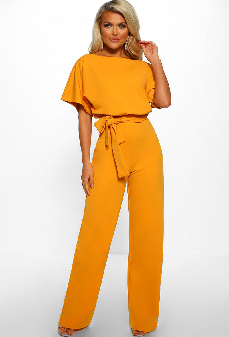Lace-Up Button Short-Sleeve Jumpsuit