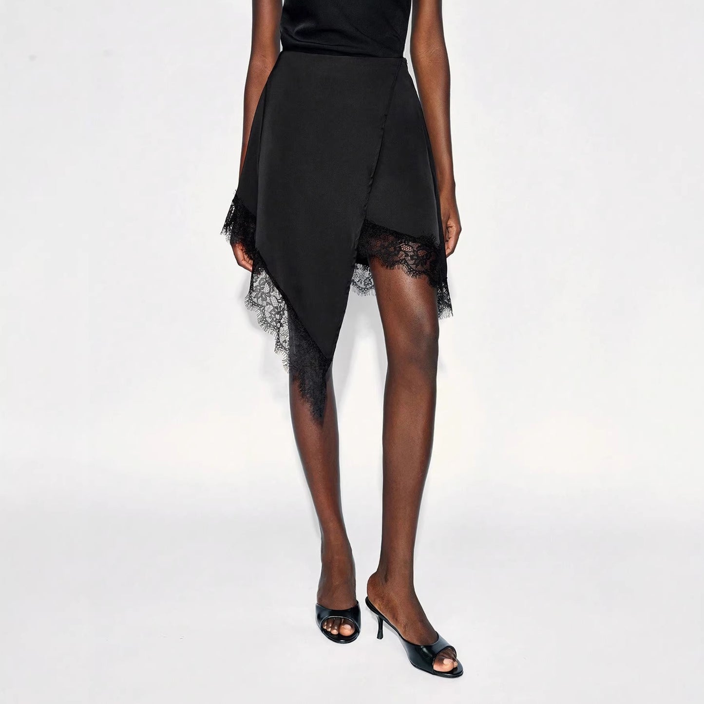 Solid-color Lace-panel A-line Asymmetrical Skirt For Women