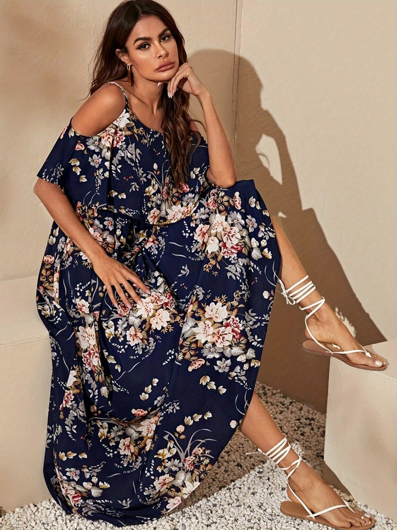 Strappy Floral Off-Shoulder Maxi Dress - US Only
