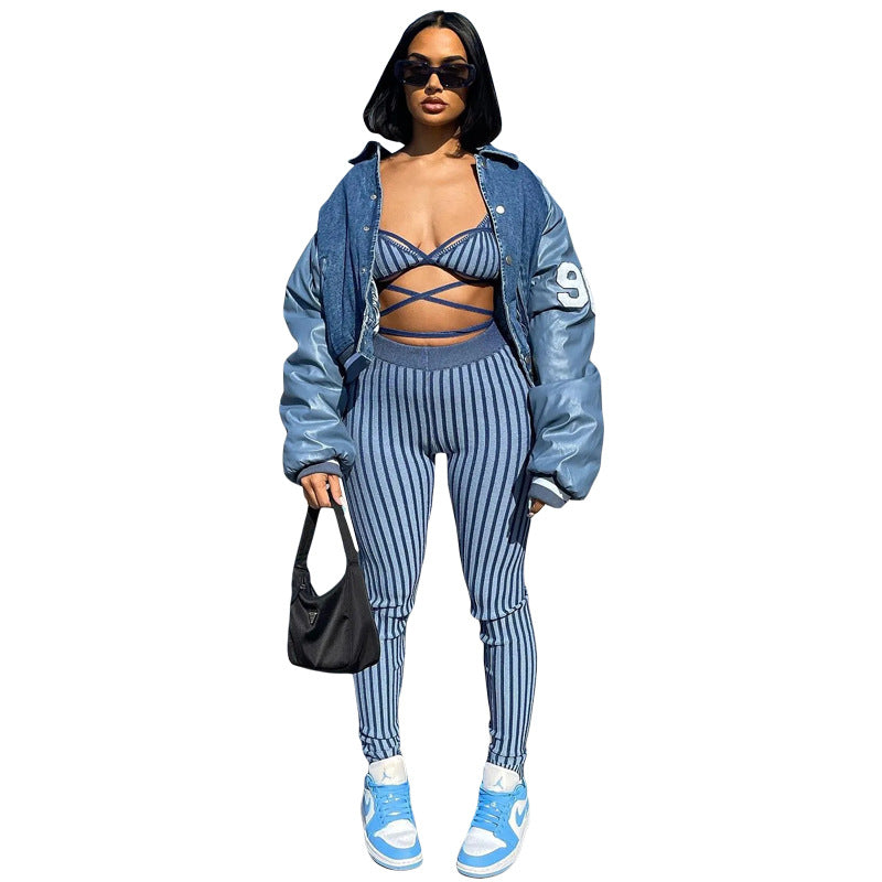Style Fashion Striped Strap Vest Slim Fit Skinny Pants Suit