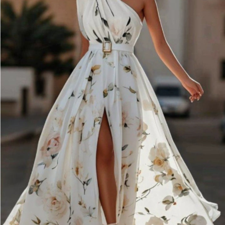 Women's Oblique Shoulder Digital Printing Sleeveless Vest Dress