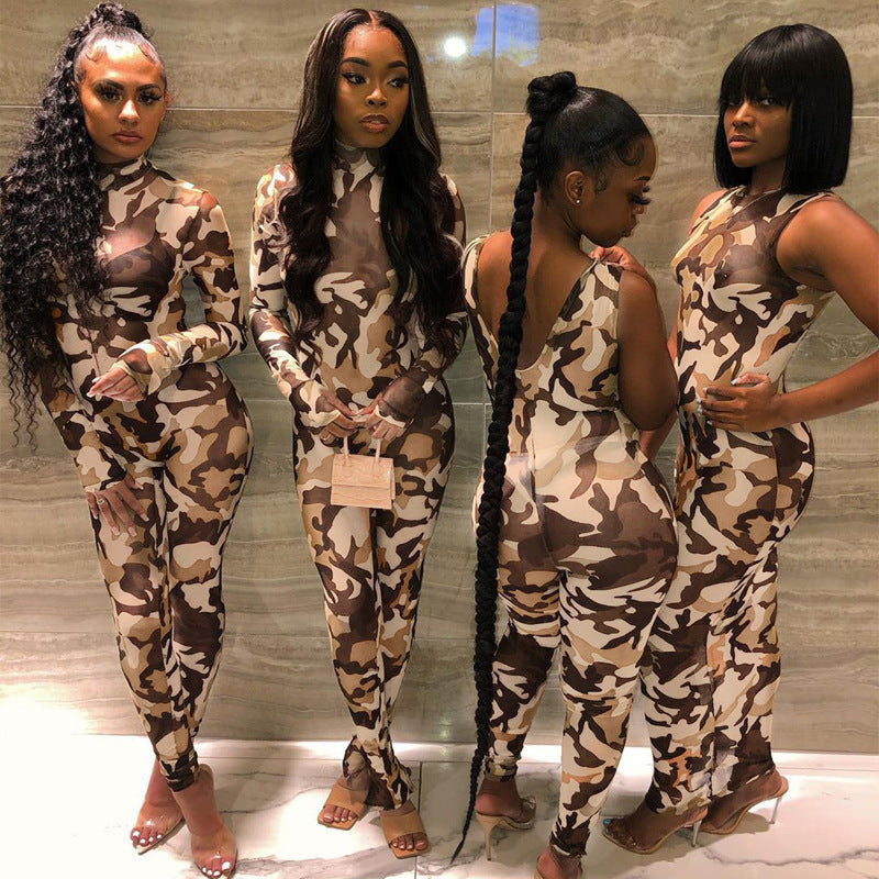 Camouflage Print Long Slim Sports Jumpsuit