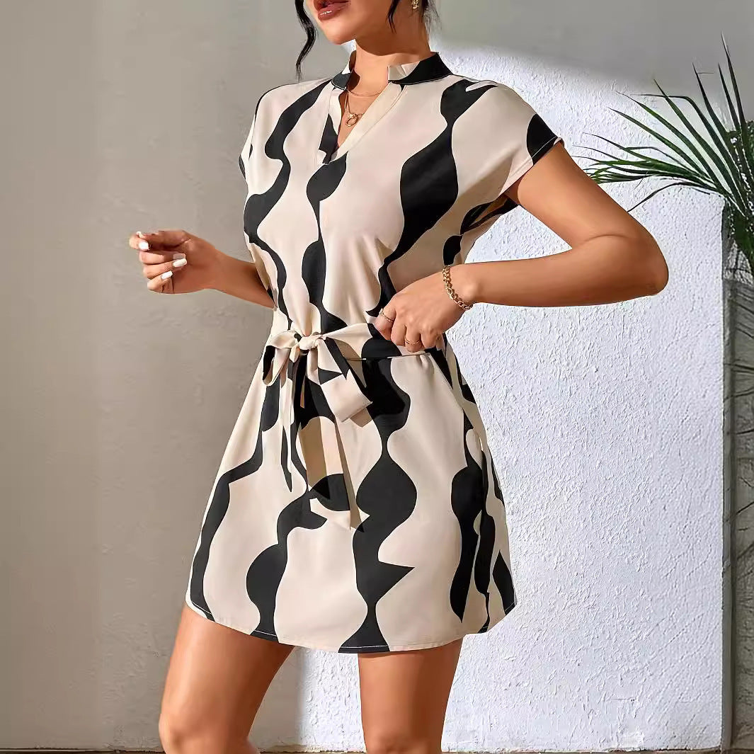 V-Neck Printed Lace-Up Dress